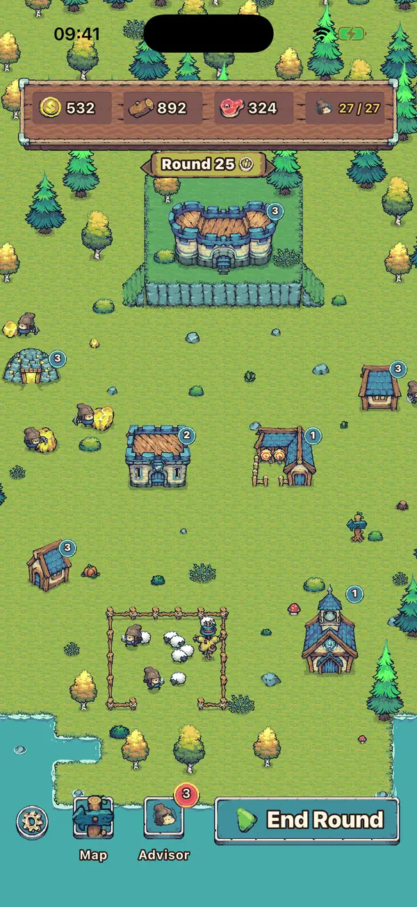 The kingdom, with villagers mining gold and tending sheep