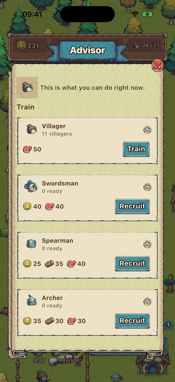 The advisor listing soldiers and villagers to train