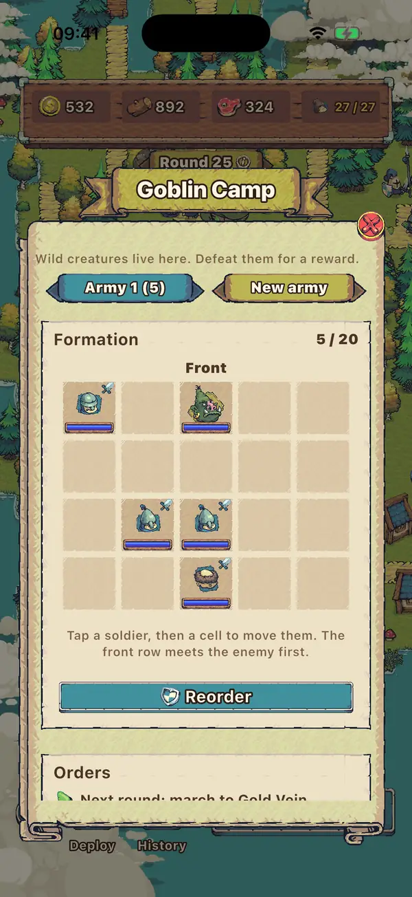 An army formation with a captured troll in the front row