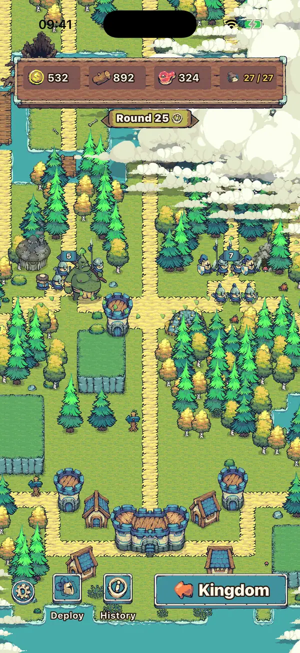 The battlefield with armies, watchtowers and the fog of war